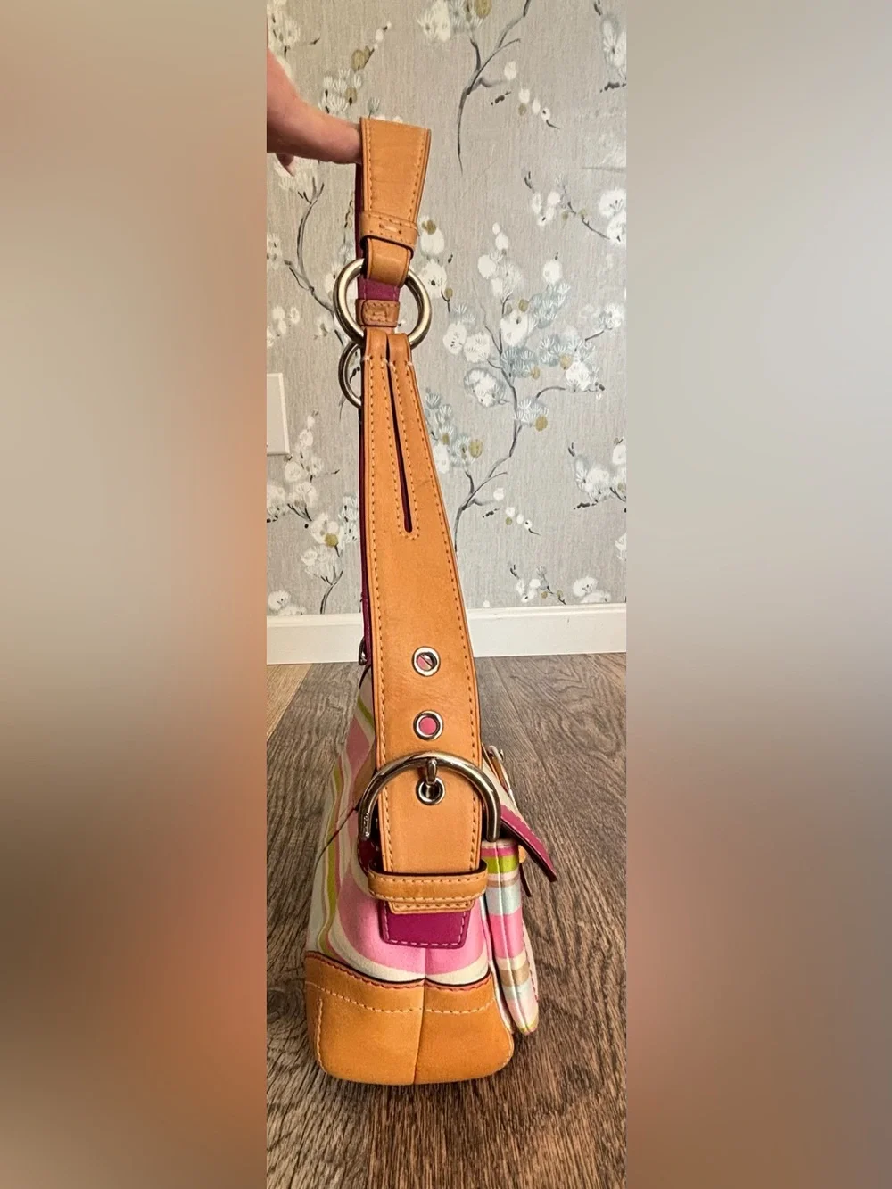 Vintage Y2K Coach Soho Hampton Pastel Pink Striped Canvas Shoulder  Bag Buckle